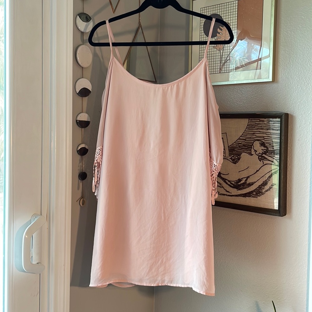 Dust pink Solemio mini dress with off shoulder fringe sleeves